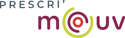Logo de Prescri' Mouv, comportant un texte stylisé avec des éléments circulaires colorés en rouge, vert et violet, représentant le mouvement et le dynamisme.